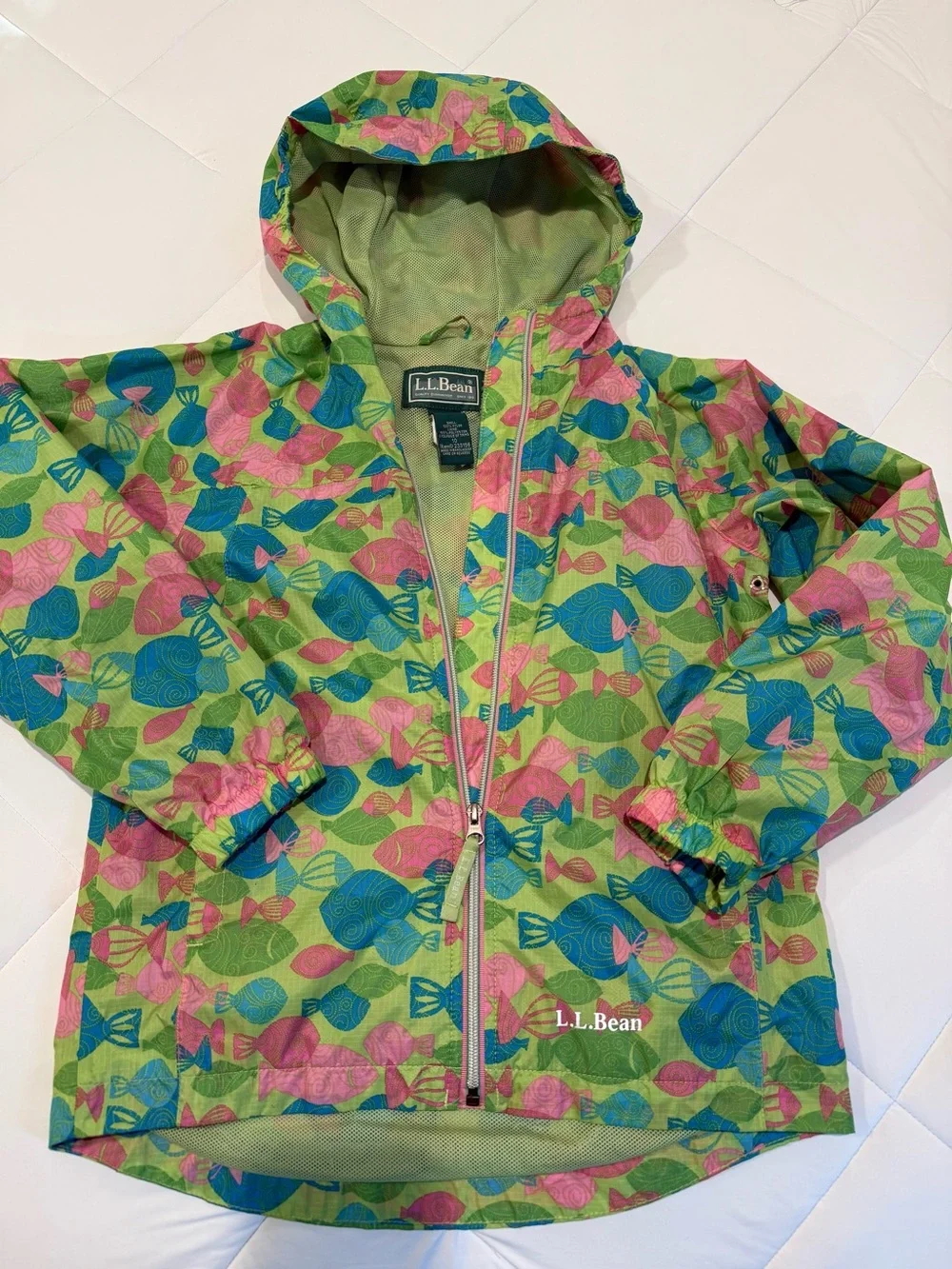 LL Bean Colorful Fish Hooded Rain Jacket Girls Size 10
